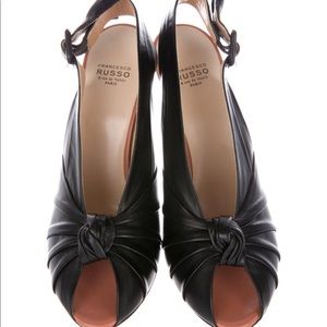 Francesco Russo calf leather pleated peeptoe sling back pumps stiletto black NEW